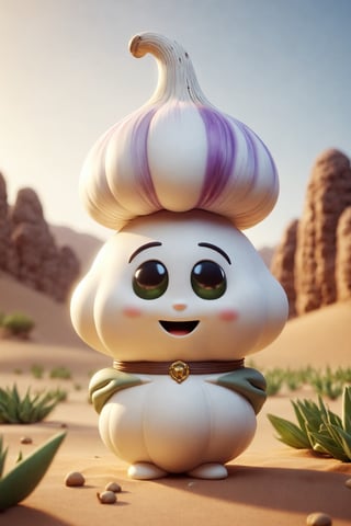 Epic characte cute buy style pixar of god of a bell garlic, full body mistic composition in a desert
