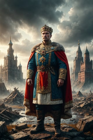 Epic and representative composition of the king god of russia, representing the russian working man, with typical attire and colors of his country, located in a tipical landscape of this country