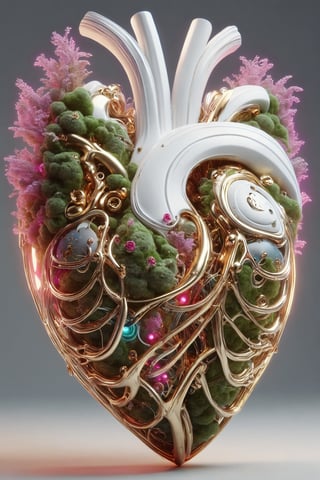 A human heart with neon pipes, gold gears, small roses and moss growing between its arteries and veins, covered with an intricate structure of technology and moss, futuristic white plastic details with multicolored iridescent lights and neon water, holographic effect and natural cyborg style, biotechnological, organic, natural biopunk, parametric and organic biomimetic, detailed photo, rendered, 16K, a visually stunning and immersive work of art.
