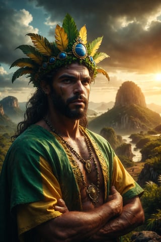 Epic and representative composition of the king god of brasil, representing the brasilian working man, with typical attire and colors of his country, located in a tipical landscape of this country