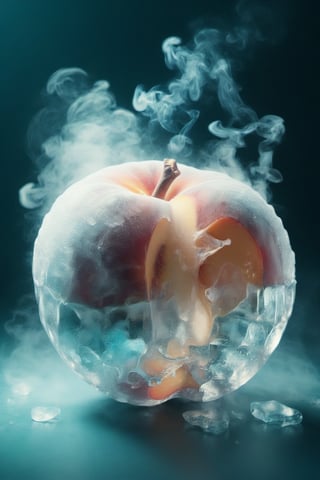 a peach,ice,  smoke, in the fantasy garden