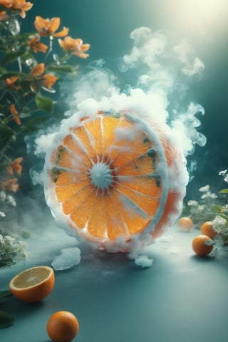a orange,ice,  smoke, in the fantasy garden