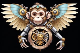 Generates a detailed steampunk style image with pastel colors and golden brown of a monkey with wing seen from above. The beetle must be adorned with intricate gears and mechanical elements that imitate its natural structure. The image must be high resolution and show a perfect fusion between the organic and the mechanical, black background,DonMSt34mPXL,steampunk,steampunk style