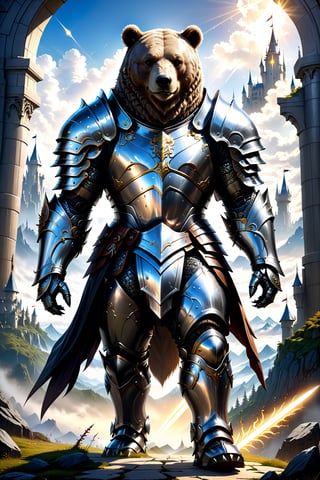 Create an extraordinary masterpiece of 32k Ultra HDR high resolution images with super realistic photorealism. It depicts a fearsome warrior adorned in a magical silver and black full body knight armor suit with fantasy style magical fantasy world BEAR design. Illuminate the scene with radiant light emanating from the armored central core as the warrior walks dynamically against a perfect fantasy-style sky and background. Ensure cinematic quality and super high level of detail, creating a visually stunning and immersive fantasy world image.