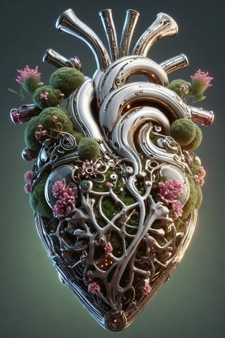 A human heart with neon pipes, metal gears, small flowers and mucus growing between its arteries and veins in a natural biotechnological cyborg style covered with an intricate structure of technology and mystical moss, with a holographic effect on the metal and pipes, detailed photo, rendering, 16K, natural cyborg style, parametric biopunk style and organic biomimetic
