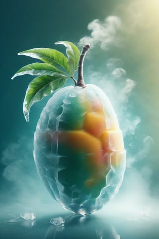 a mango, ice,  smoke, in the fantasy garden