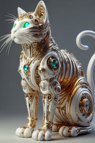 A cat  with neon pipes, gold gears, covered with an intricate structure of technology, precious stones, neon hoses, futuristic white plastic details with iridescent colored lights and neon liquid, holographic effect and natural cyborg style, biotechnological, organic, natural biopunk, parametric and organic biomimetic, detailed photo, rendering, 16K, a visually impressive and immersive work of art, in a interesting luxury background