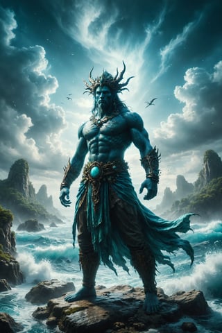god  of  the turquoise islands epic pose, full body, epic mistic composition