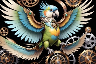 Generates a detailed steampunk style image with pastel colors and golden brown of a parrot with wing seen from above. The beetle must be adorned with intricate gears and mechanical elements that imitate its natural structure. The image must be high resolution and show a perfect fusion between the organic and the mechanical, black background,DonMSt34mPXL,steampunk,steampunk style