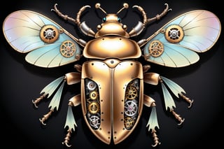 Generates a detailed steampunk style image with pastel colors and golden brown of a beetle with open wings seen from above. The beetle must be adorned with intricate gears and mechanical elements that imitate its natural structure. The image must be high resolution and show a perfect fusion between the organic and the mechanical, black background,DonMSt34mPXL,steampunk,steampunk style