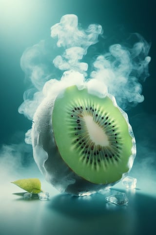 a fruit kiwi,ice,  smoke, in the fantasy garden