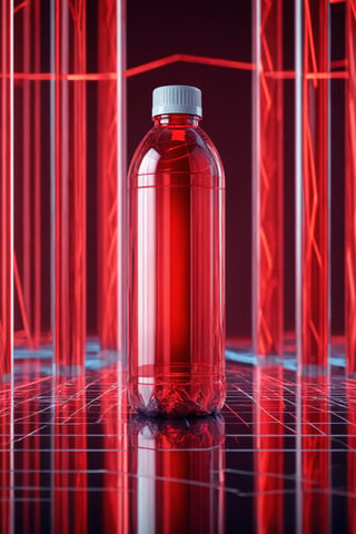 A plastic bottle parked on the mirror surface of an abstract geometric structure in a hightech style, surrounded by red light strips, reflection photography, hyper quality, bright background, advertising photography, advertising poster, high resolution, hyperrealistic rendering