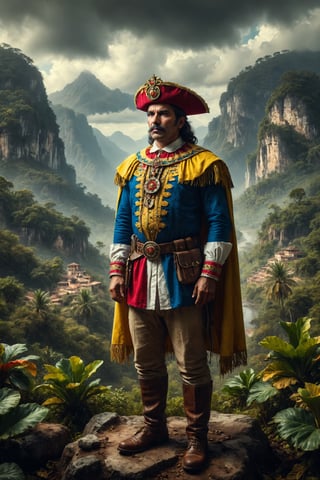 Epic and representative composition of the king god of colombia, representing the colombian working man, with typical attire and colors of his country, located in a tipical landscape of this country