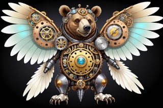 Generates a detailed steampunk style image with pastel colors and golden brown of a bear with wing seen from above. The beetle must be adorned with intricate gears and mechanical elements that imitate its natural structure. The image must be high resolution and show a perfect fusion between the organic and the mechanical, black background,DonMSt34mPXL,steampunk,steampunk style