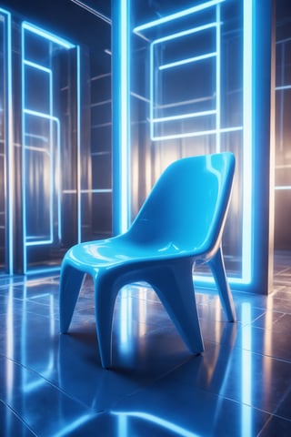 A futuristic organic shapes plastic chair blue parked on the mirror surface of an abstract geometric structure in a hightech style, surrounded by blue light strips, reflection photography, hyper quality, bright background, advertising photography, advertising poster, high resolution, hyperrealistic rendering