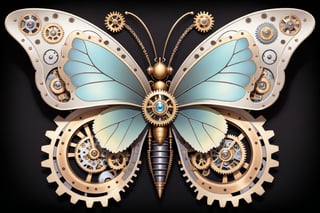 Generates a detailed steampunk style image with pastel colors and golden brown of a butterfly seen from above. The butterfly must be adorned with intricate gears and mechanical elements that imitate its natural structure. The image must be high resolution and show a perfect fusion between the organic and the mechanical, black background,DonMSt34mPXL,steampunk,steampunk style