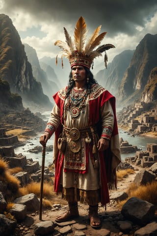 Epic and representative composition of the king god of peru, representing the peruvian working man, with typical attire and colors of his country, located in a tipical landscape of this country