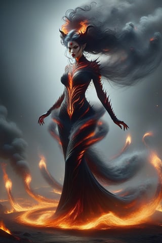 Imagine a demon woman, the very essence of evil. Her attire is something out of a horror movie, made of torns and ashes. She leaves a trail of fire wherever she walks. This scene is a mixture between dark fantasy and horror, full-body,style,DonM3l3m3nt4lXL