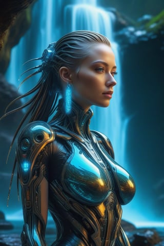 masterpiece, perfect anatomy, 32k UHD resolution, best quality, RAW, vibrant and vivid colors, realistic photo, professional photography, lots of details, depth of field, cyberpunk style, Fractal, Cyberpunk, female, crystal clear glowing waterfall, attractive biomechanical woman ,