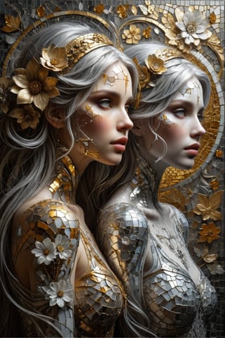 Create an intricate mosaic work of art featuring two female figures one with flowing silver hair and the other with short, golden hair against a complex silver background with touches of white and gray for depth. Include a striking gold flower as a contrasting element and introduce a ribbon-like headband crossing behind the head to add interest.