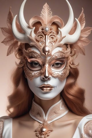 photo portrait of a woman wearing a skull and bone mask, in the style of rose gold and white, looking at camera, frontal vogue style, dreamy symbolism, celestialpunk, baroque-inspired details, tan skin, fashion editorial