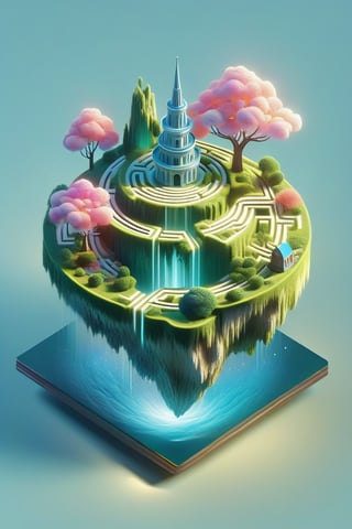 Game sheet of maze, floating island,3d, isometric, dreamy color palette, inspired by Pixar”.
