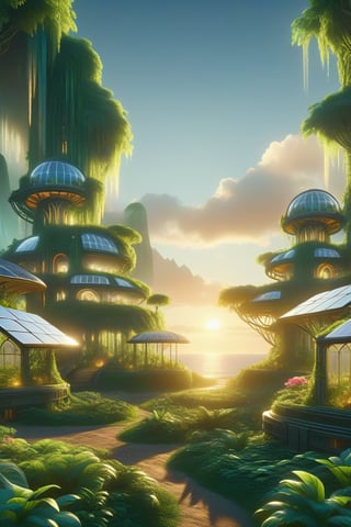 beautiful lush solarpunk community between jungle waterfalls and beach, fantastic, greenhouses, atmospheric lighting, breath of the wild, beautiful sunset in background, solarpunk in artstation, solarpunk in DeviantArt, solar panels, gardens, cinematic, hyper realism, high detail, octane render, 8k