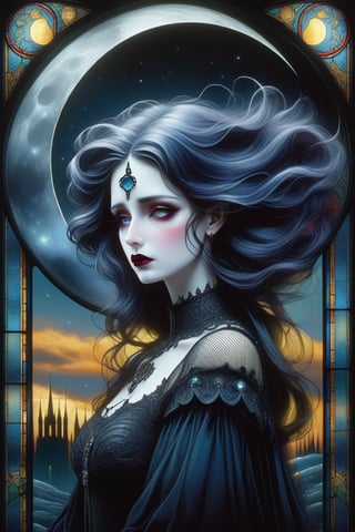 Stained glass of a sad gothic woman on the moon