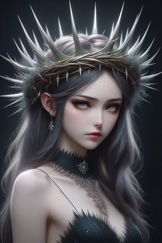 , beautiful skinny girl in crown of thorns, more spikes, in the style of realistic and hyper-detailed renderings, anime-inspired characters, realistic portraiture,  realistic figures, delicate realism, dark colors