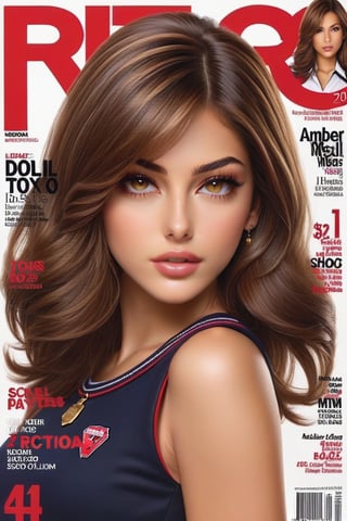 Super detailed magazine cover featuring a realistic sexy Latina girl with a pretty face, brown hair, long bob style haircut, amber eyes, sexy school uniform