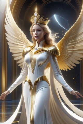 1 girl, solo, a queen, white robe, golden scepter, white curtain, full body, an angelic female personality with white and gold wings in the foreground, in futuristic design style, vray, intricate details, exquisite clothing details, sculpture organic, realistic bird illustrations, celestialpunk,