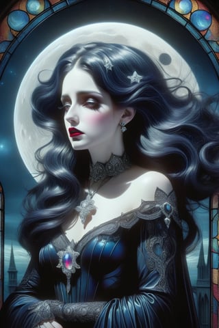 Stained glass of a sad gothic woman on the moon