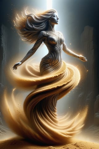 she is a beautiful woman created in stone ((she is rising from the ground), dust dances around the character,