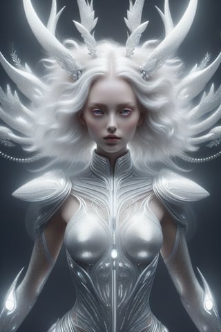 a fashion artist creates a digitally styled portrait of a female with a white body, in the style of light silver and silver, imaginary creatures and robots, symmetrical balance, solarpunk, matte photo, contemporary candy-coated, sculptural expression