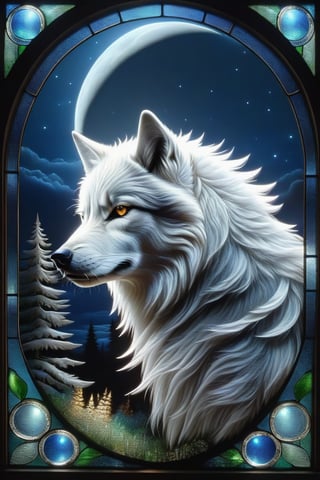 Stained glass window of a wolf under the moon