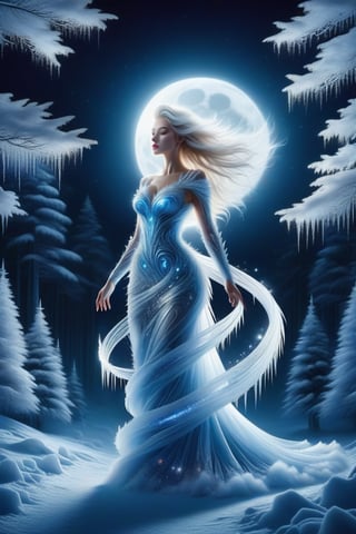 An elegant woman in a dress made of ice and crystals on a dark night with a full moon walking in a deep pine forest covered in snow. Fantasy, mystical environment