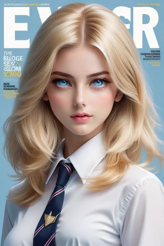Super detailed cover magazine featuring a realistic sexy European girl with a pretty face, blonde hair, long bob style haircut, light blue eyes, sexy school uniform