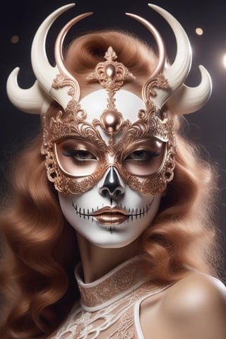 photo portrait of a woman wearing a skull and bone mask, in the style of rose gold and white, looking at camera, frontal vogue style, dreamy symbolism, celestialpunk, baroque-inspired details, tan skin, fashion editorial
