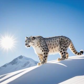 A majestic snow leopard climbing alone on a snow-covered peak, framed against a clear blue sky, with the sun casting soft shadows on the pristine white landscape.
