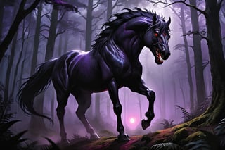 best aesthetic, best quality, masterpiece, retro anime style, more detail XL, absurdres, perfect eyes, solo, black monster horse, wide mouth with sharp teeth, red glowing eyes, carnivorous horse, full body, perfect horse anatomy, mystical atmosphere, dim lighting, low light, chiaroscuro, colored forest background, dark purple aura around monster horse, purple theme,DonMM1y4XL