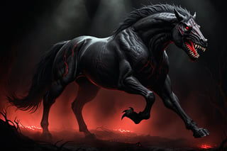 best aesthetic, best quality, masterpiece, more detail XL, absurdres, perfect eyes, solo, black monster horse, wide mouth with sharp teeth, red glowing eyes, carnivorous horse, full body, perfect horse anatomy, horror atmosphere, dim lighting, low light, chiaroscuro