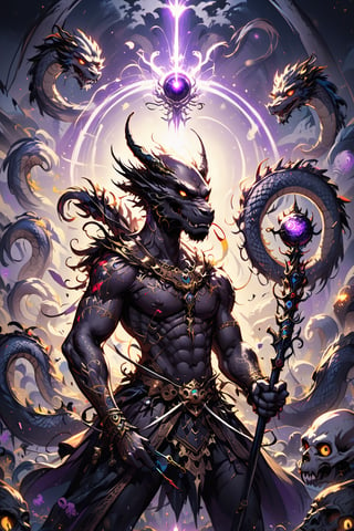 A tall and strong black man with a bald head and white totem tattoos all over his body holds a bow and arrows. The bow is decorated with skulls. The black man shoots an arrow. The arrow is surrounded by white light. What is shot is a purple dragon. The dragon has yellow Eyeballs, fighting in the village on a dark night