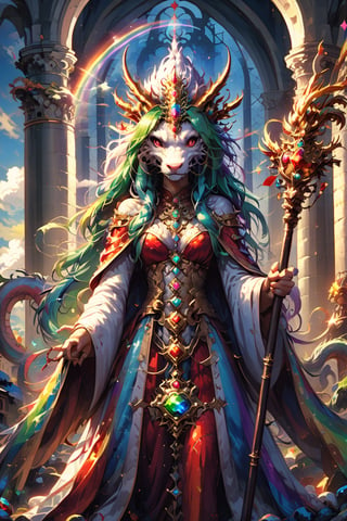 Asian women, wearing robes, but very exposed, tall, with rainbow-colored hair, holding a staff like the one used by the Pope, inlaid with gems, she looks very noble, and has an aura next to her

A pure white dragon appeared in front of the church, its wings shining brightly

In the background is the cathedral, white, roman architecture