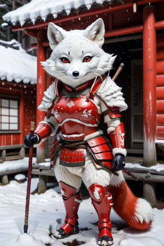 The head of a white fox, the plump female body, wearing red armor, standing in front of a Japanese cabin, holding a walking stick, the season is snowy, with small snowdrifts on the body