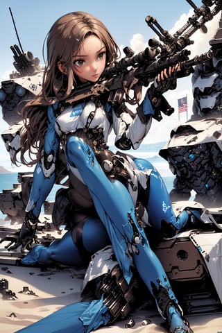 A woman with brown oily hair, light brown eyes, slender figure, wearing a blue tights and precision mechanical armed equipment, covering part of her body, is in a lying position, holding a large sniper rifle, facing a small mechanical soldier, background for the harbor