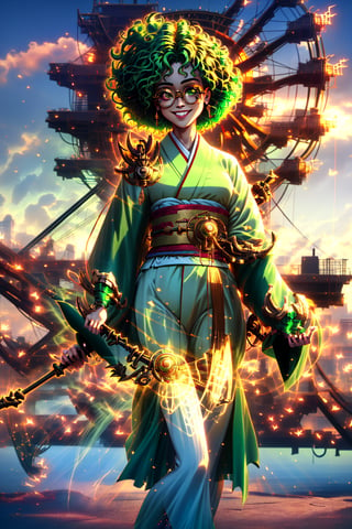 A young British girl with green curly hair, bronze complexion, gold-rimmed glasses, holding a spear, wearing a green and black kimono, standing next to the British Ferris wheel, smiling with one eye.