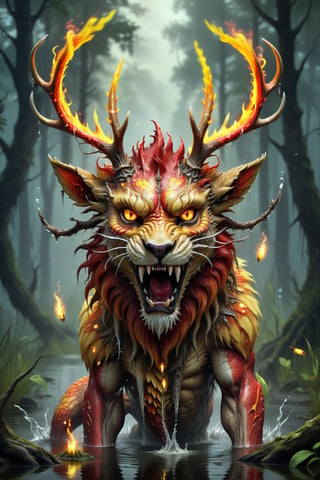 Magical creature with the head of a fire dragon, the head is red, the antlers of a deer, the horns glow yellow, the body of a lion, the fur is gray and white, the background is a swamp, half of the body is soaked in water, exhaling from the mouth, and fireflies are flying in the air