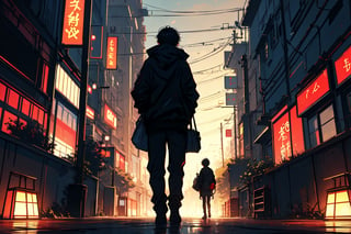 Character of a boy in black jacket, standing, futuristic neo japan background, carrying a bag