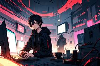 Character of a boy in black jacket, black hair, typing on laptop, futuristic neo japan background, in a room