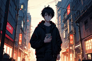 Character of a boy in black jacket, typing on laptop, futuristic neo japan background, carrying a bag